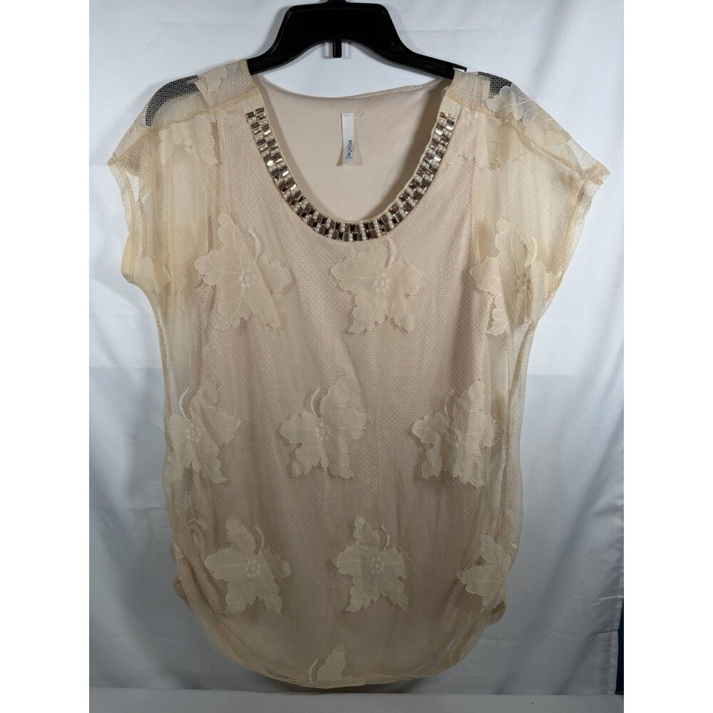 Minimi USA Beige Mesh Floral Beaded Embroidered Scoop Neck Short Sleeve Blouse